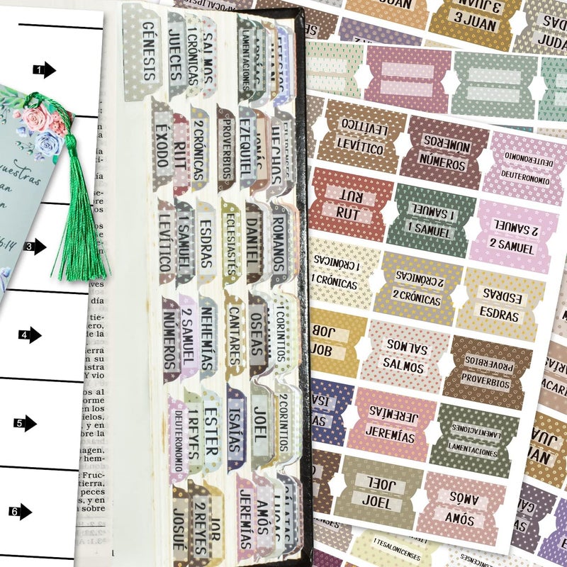 Cualfec Spanish Catholic Bible Index Tabs New & Old Testament Tabs Matte Laminated Floral Design, Bible Journaling Supplies - 122 Pcs (Vintage) - Image 1